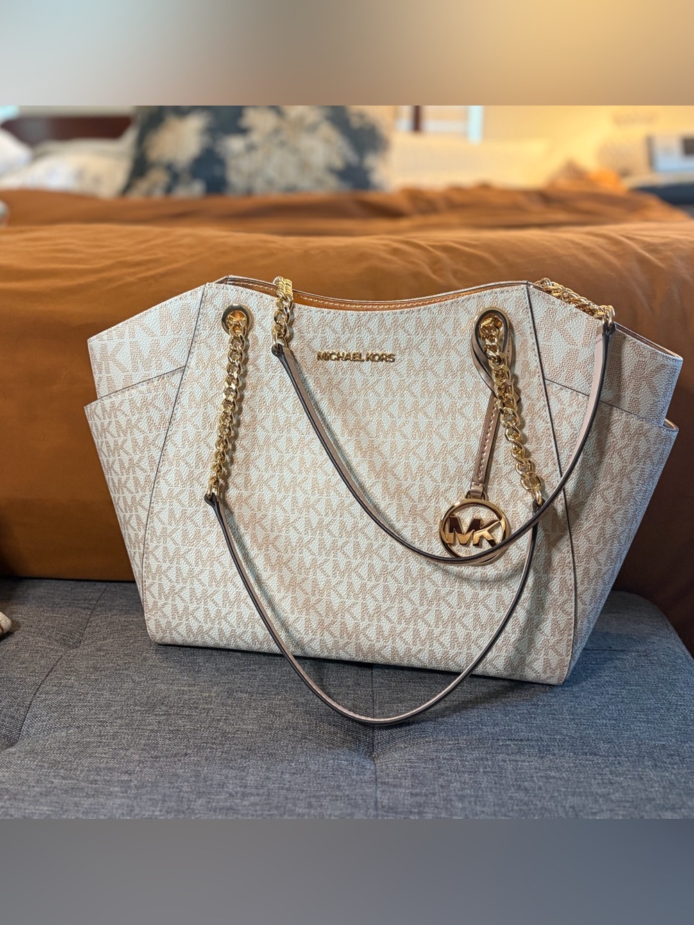 Michael Kors Jet Set Monogram Tote Bag with Rose Gold Hardware